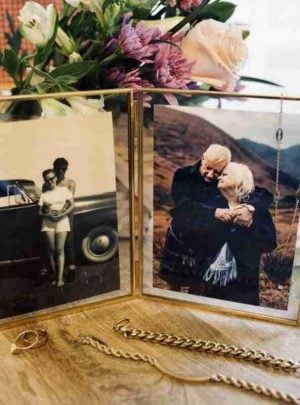 two framed photos of a couple - one current, one from many years before