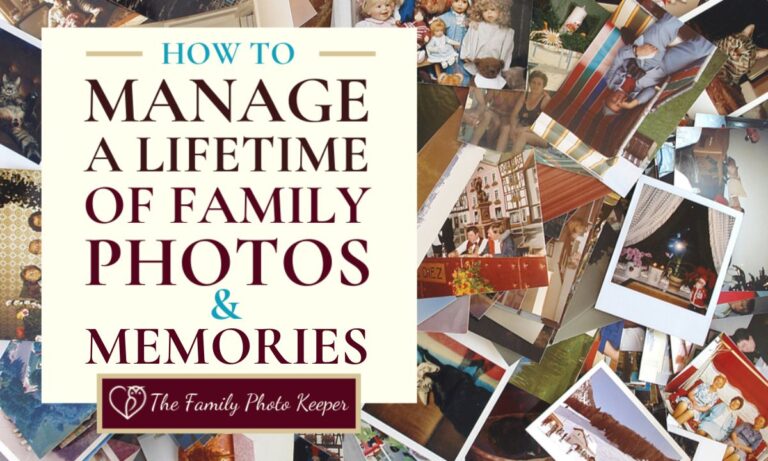 Graphic with the title ‘How to Organize 30 Years of Photos’ promoting a family photo organizing checklist.