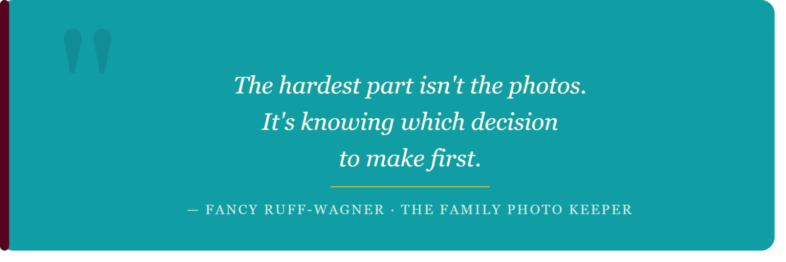 Quote graphic: The hardest part isn't the photos.  It's knowing which decision to make first.
