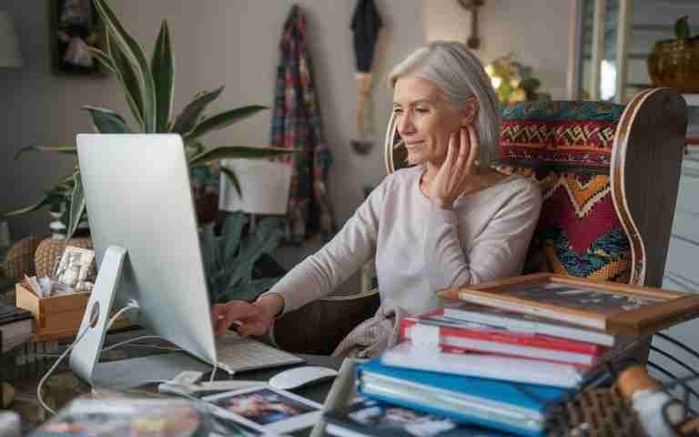 Black Friday Holiday Deal 2023 a mature woman sitting at a computer ordering photo organizing supplies during a Black Friday Holiday Deal