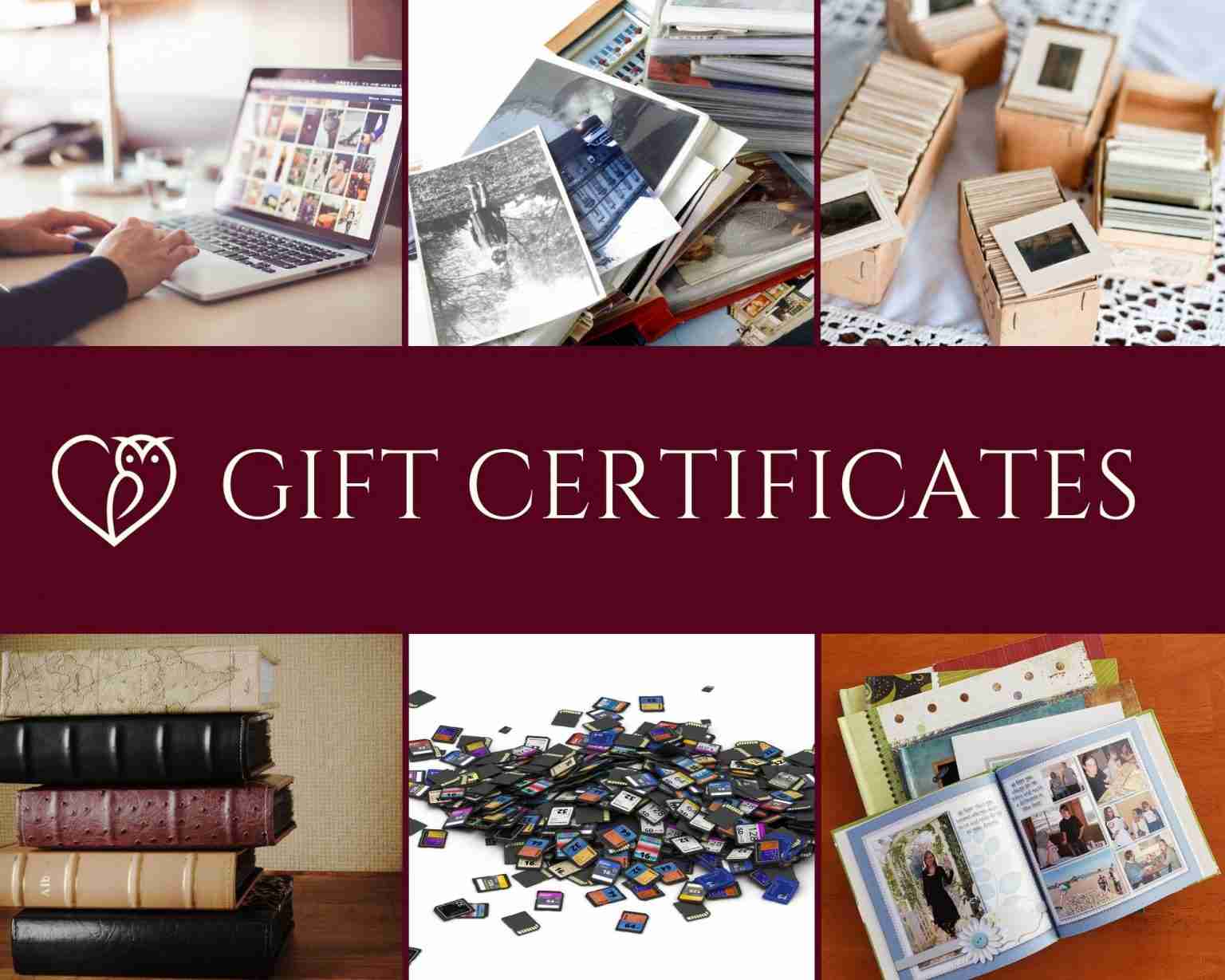 Gift Certificates showing a computer, old family photos , slides, albums, SD cards and photo books