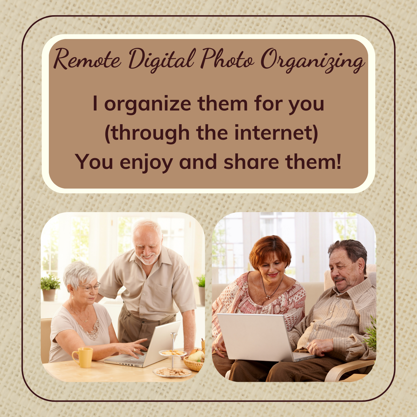 two mature couples looking over their organized digital photos on their computers
