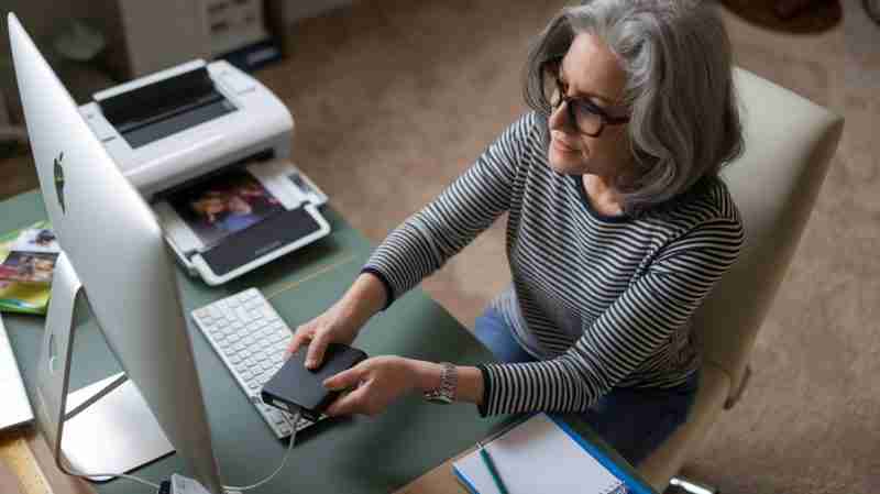 a woman sitting at a desk using a computer and holding a top-rated external hard drive