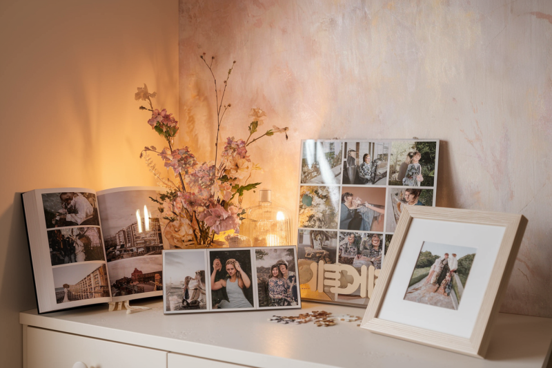 a group of photo gifts on a table