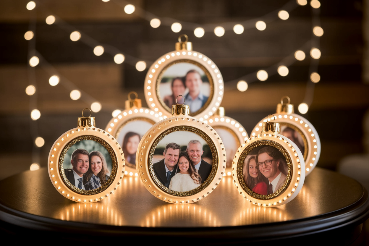 a group of ornaments with lights can be the best personalized photo gifts